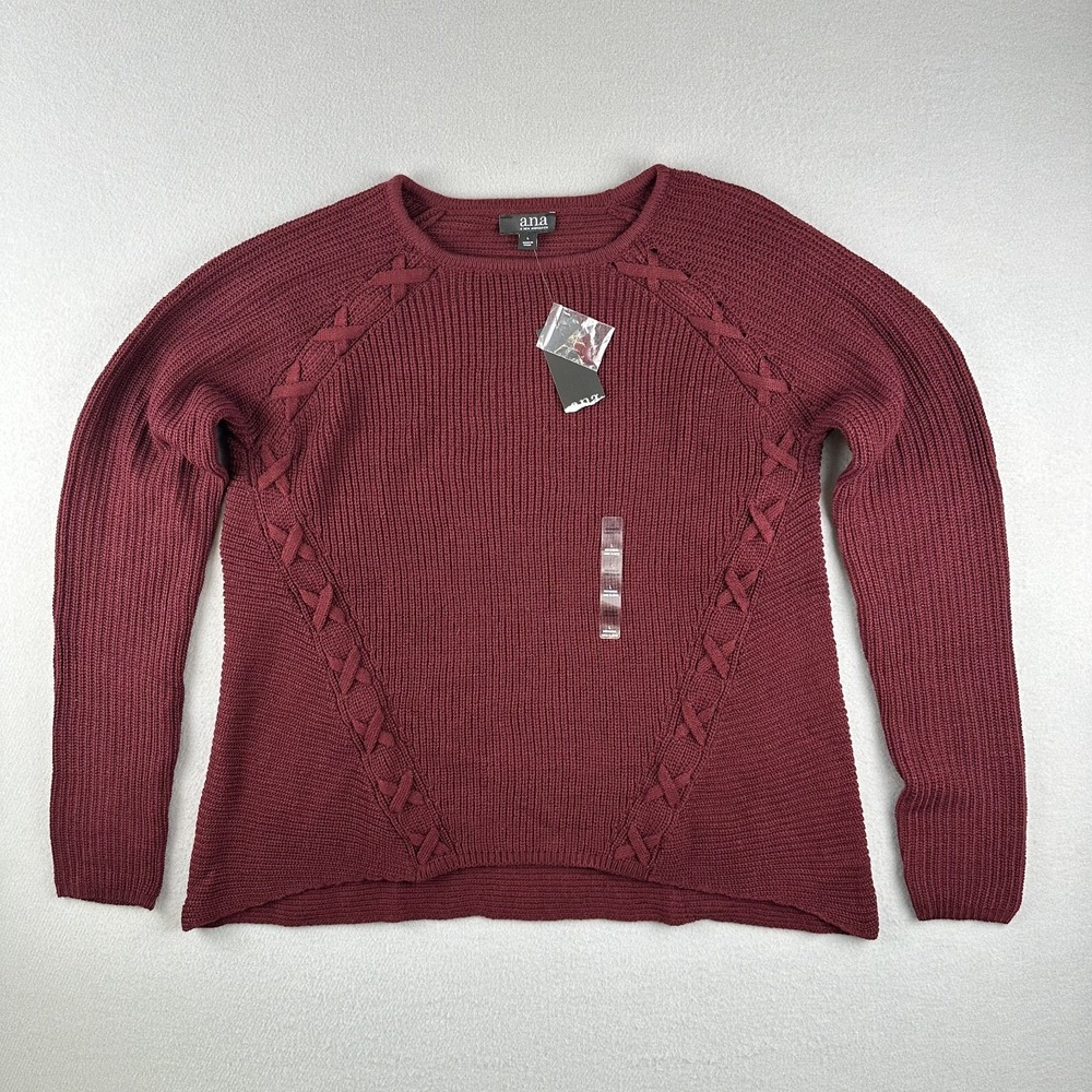 a.n.a Sweater Women Large Burgundy Lace Up Raglan Shaker‎ Rib Knit Crewneck NWT